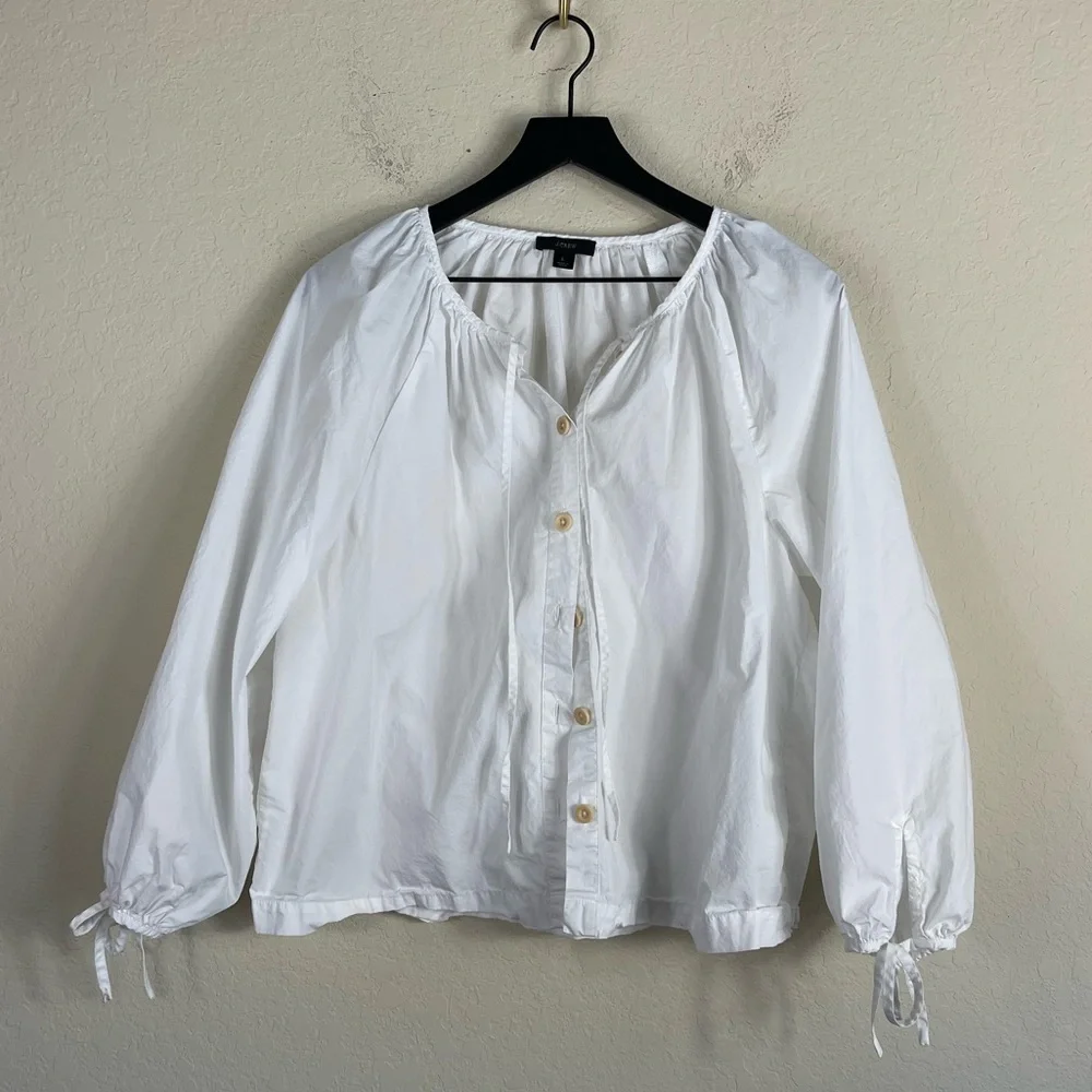 J. Crew Tie Sleeve Button Front Cotton Poplin Top in White Size Large - Picture 4 of 11